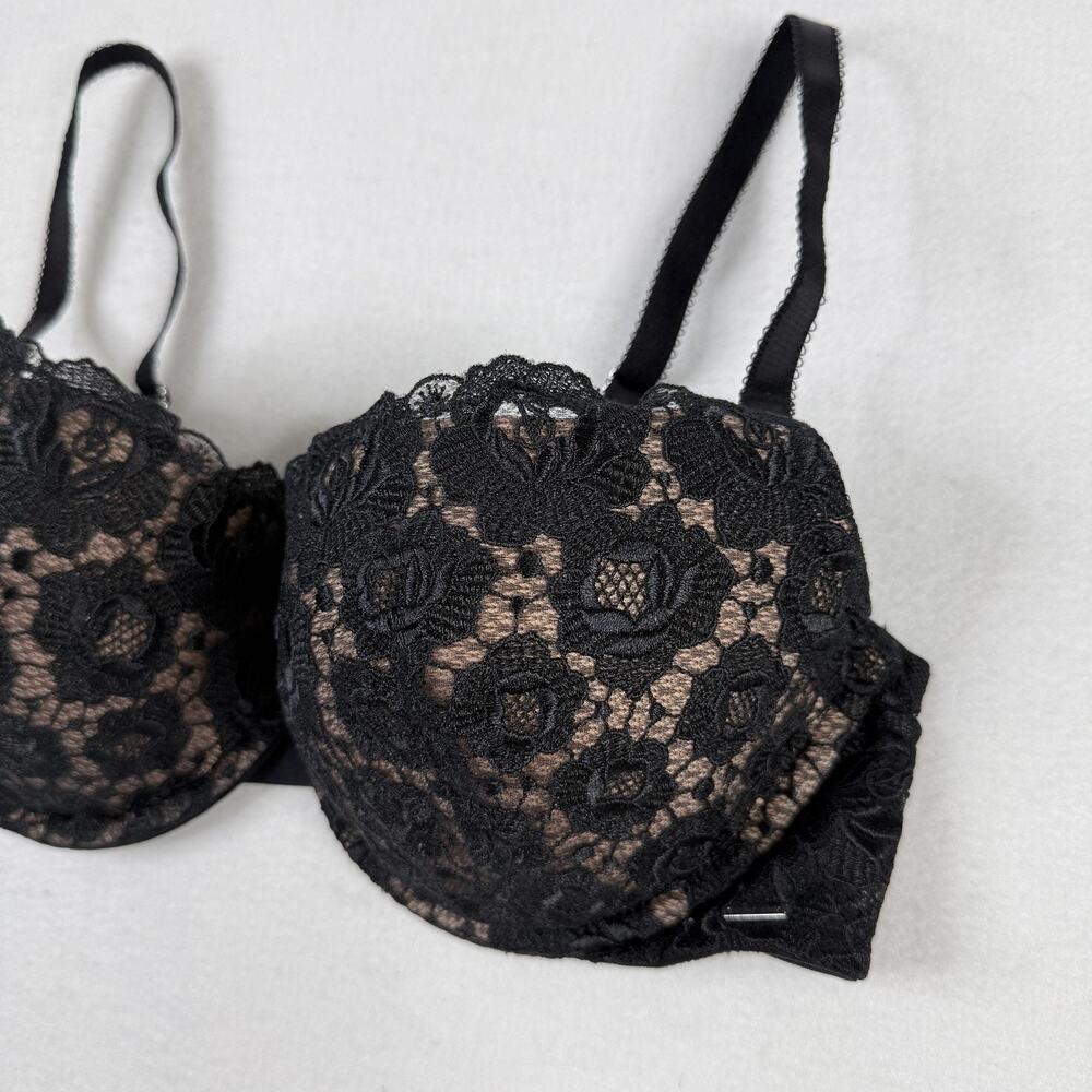 Victoria's Secret Balconette Bra 36D Black Lace Push Up Miracle Underwire Womens